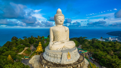 blue sky and blue ocean are on the back of Phuket Big Buddha.