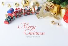 Wooden Toy Train With Colorful Blocs, Happy New Year, Christmas