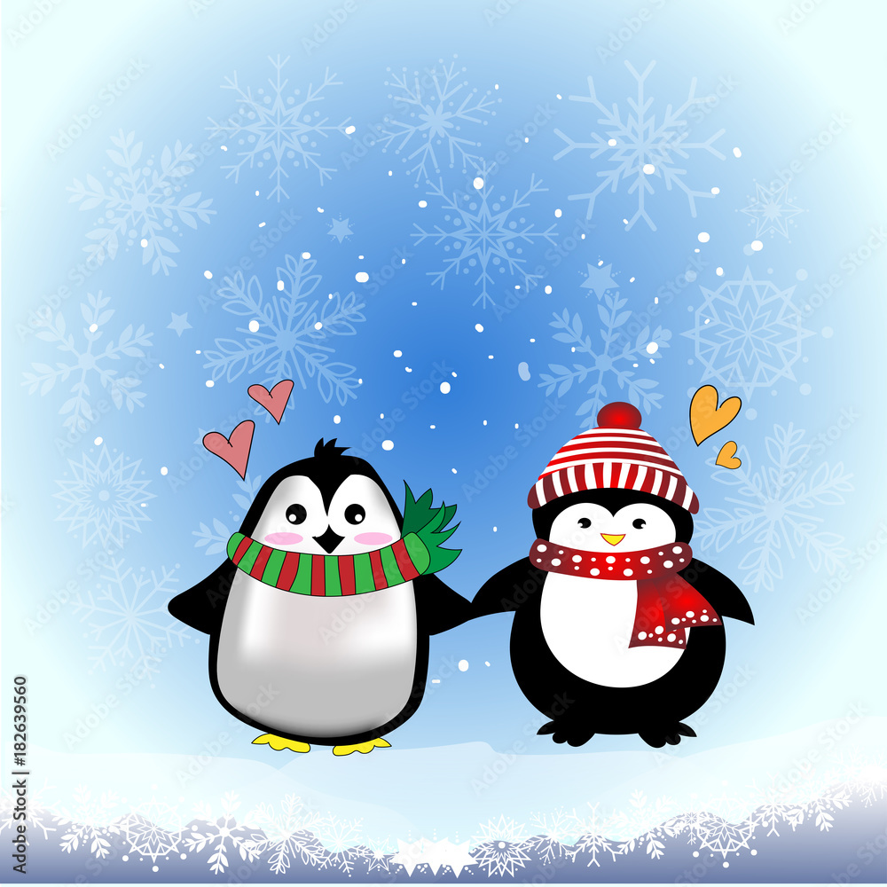 Cute drawing cartoon penguin wearing sweater, scarf, winter hat on iceberg  with snowfall, snowflake and blue sky background, vector and illustration  winter and christmas concept Stock Vector | Adobe Stock, image size:1000x1000