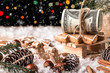 Money Christmas  Gift with wooden sled. Christmas concept