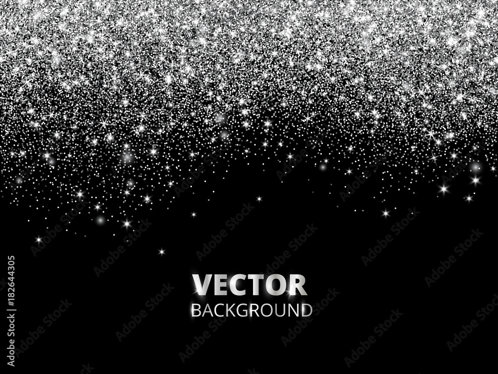 Falling glitter confetti. Vector silver dust, explosion on black background. Sparkling glitter border, festive frame. - obrazy, fototapety, plakaty 