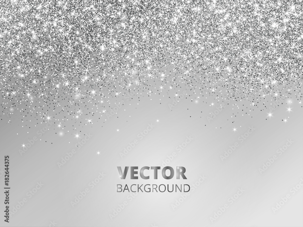 Falling glitter confetti. Vector silver dust, explosion on grey background. Sparkling glitter border, festive frame. - obrazy, fototapety, plakaty 