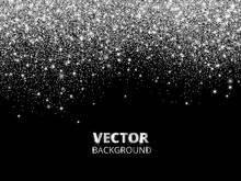 Falling Glitter Confetti. Vector Silver Dust, Explosion On Black Background. Sparkling Glitter Border, Festive Frame.