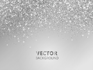 falling glitter confetti. vector silver dust, explosion on grey background. sparkling glitter border