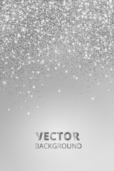 Wall Mural - Falling glitter confetti. Vector silver dust, explosion on grey background. Sparkling glitter border, festive frame.