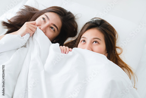 Top View Of Beautiful Young Asian Women Lesbian Happy Couple Showing