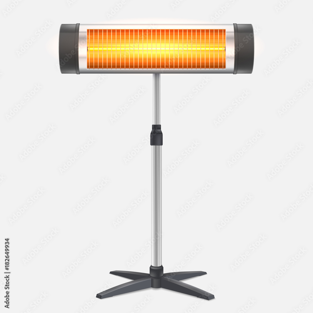 The quartz halogen heater with the glowing lamp. Domestic electric heater standing on chrome metal stand, isolated on white. Appliance for space heating in the interior, 3D illustration. - obrazy, fototapety, plakaty 