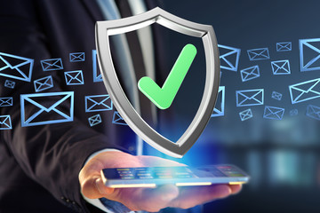 Poster - Shield symbol displayed on a futuristic interface - 3d rendering