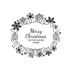 Wall Mural - Black snowflake frame, festive decoration on white background, Christmas design for invitation, greeting card or postcard. Vector illustration, merry xmas snow flake framework