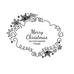 Wall Mural - Black snowflake frame, decoration on white background, Christmas design for invitation, greeting card or postcard. Vector illustration, merry xmas snow flake framework