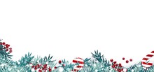 Christmas Border Or Frame With Fir Branches, Berries And Candy Isolated On Snowy Background. Vector Illustration