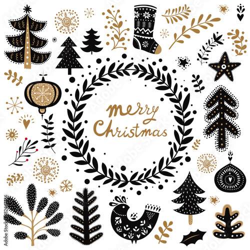 Fotografie, Obraz Black and gold illustration with decorative elements in Scandinavian style