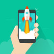 Startup vector concept, flat cartoon style quick rocket launch and mobile phone or smartphone in hand, idea of successful business project start up, boost technology, innovation strategy