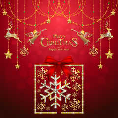 Wall Mural - Christmas Greeting and New Years card templates with gold patterned and crystals on background color.