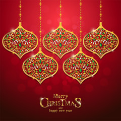 Wall Mural - Christmas Greeting and New Years card templates with gold patterned and crystals on background color.