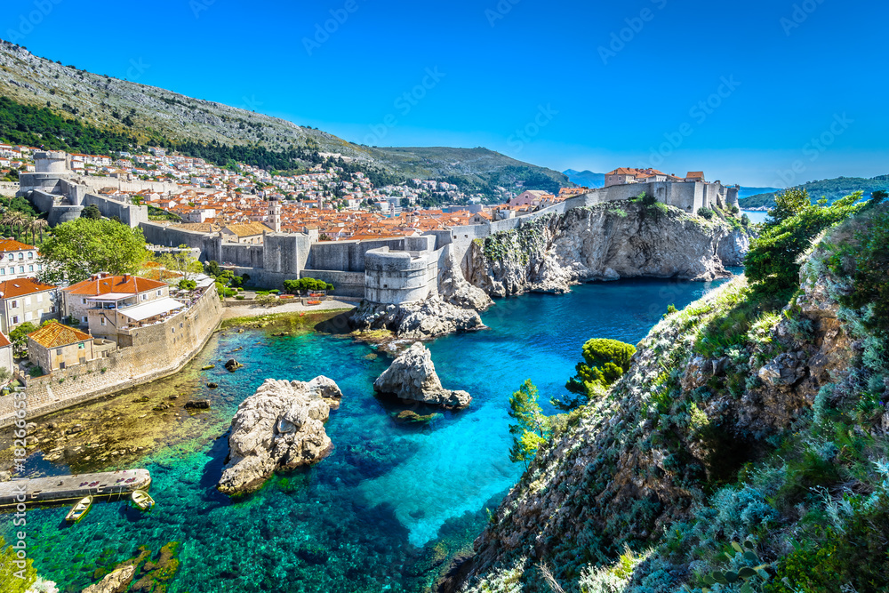 Croatia landscape cityscape Dubrovnik. / Aerial panoramic view at famous european travel destination, Dubrovnik cityscape on Adriatic Coast, Croatia. - obrazy, fototapety, plakaty 