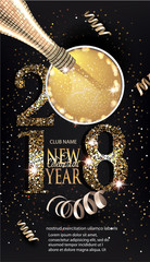 Wall Mural - 2018 NEW YEAR CELEBRATION INVITATION CARD WITH GOLD NUMBERS AND BOTTLE AND GLASS WITH CHAMPAGNE. VECTOR ILLUSTRATION