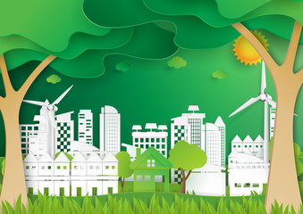 Wall Mural - Ecological green nature landscape abstract background.Eco friendly cityscape and environment conservation concept.Green energy paper art style.Vector illustration.