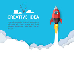 Creative idea with rocket ship icon.Business start up concept paper art style design.Vector illustration.