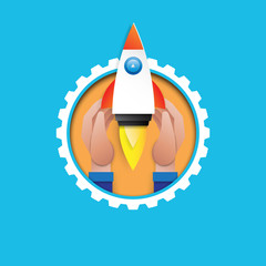 Aufkleber - Hand holding rocket ship icon.Business protection for business start up concept.Paper art style vector illustration.