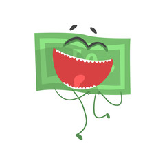 Sticker - Green banknote with joyful face expression. Cartoon money character with arms and legs in flat design. Vector graphic element for infographic, sticker or print