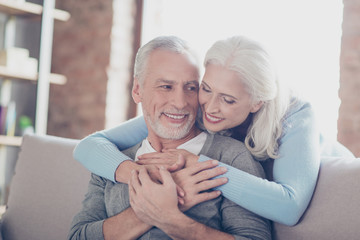 Sticker - Close up photo of happy joyful beautiful couple of old people who give to each other so warm hugs