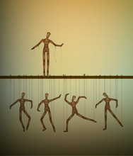 Be Free Concept, One Marionette Without The Thread And Many Marionettes Hanging,