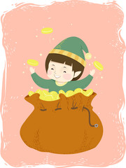 Wall Mural - Kid Boy Elf Gold Bag Illustration