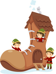 Wall Mural - Stickman Kids Elf Shoe House Illustration