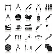 Sticker - Construction tools drop shadow black glyph icons set