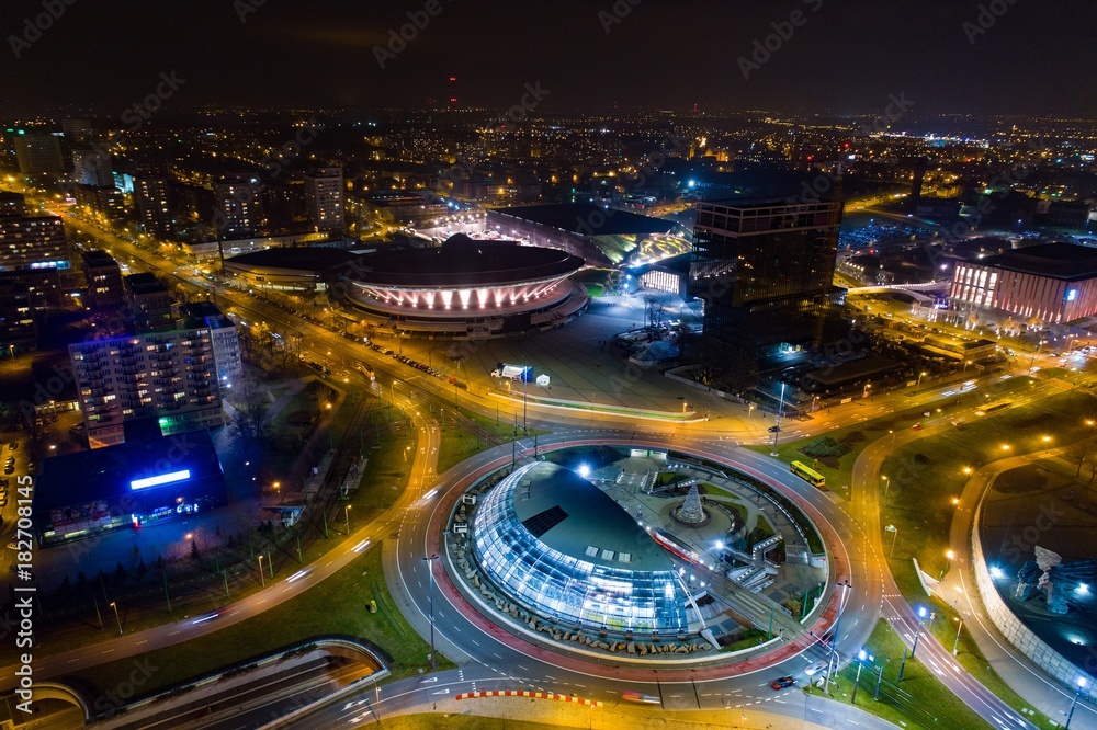 Obraz na płótnie Aerial drone view of roundabout in Katowice at night. w salonie