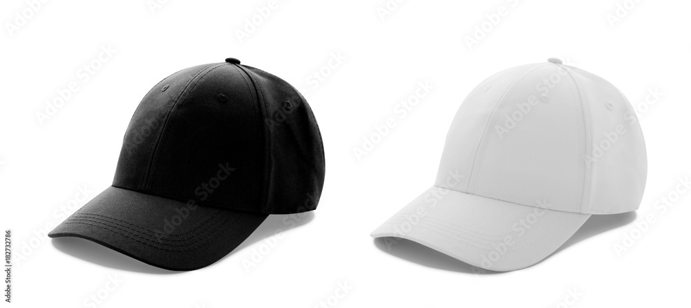 Baseball cap white and black templates, front views isolated on white background - obrazy, fototapety, plakaty 