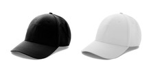 Baseball Cap White And Black Templates, Front Views Isolated On White Background