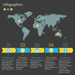 Poster - infographics template with world map and 5 steps, option or levels. business infographic concept wit