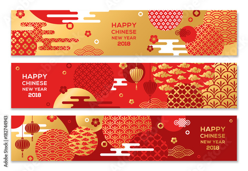 Fotografie, Obraz Horizontal Banners with Chinese geometric ornate shapes