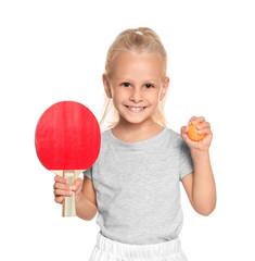 Wall Mural - Cute little girl with tennis racket and ball on white background