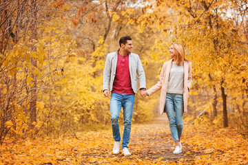 Poster - Young couple walking in park on autumn day