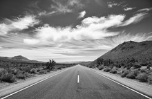 Black And White Picture Of The Death Valley Desert Road, Travel Concept, USA.