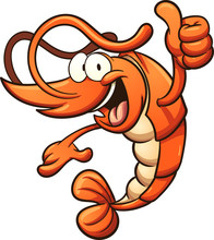 Cartoon Shrimp With Thumbs Up Hand Sign. Vector Clip Art Illustration With Simple Gradients. All In A Single Layer.