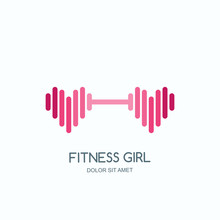 Female Fitness Gym Concept. Vector Logo, Label, Icon Or Emblem With Pink Dumbbell Heart Shape. Design For Woman Sports Club, Workout And Bodybuilding.