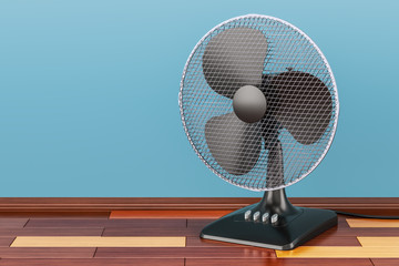 Poster - table fan, on the wooden floor, 3d rendering