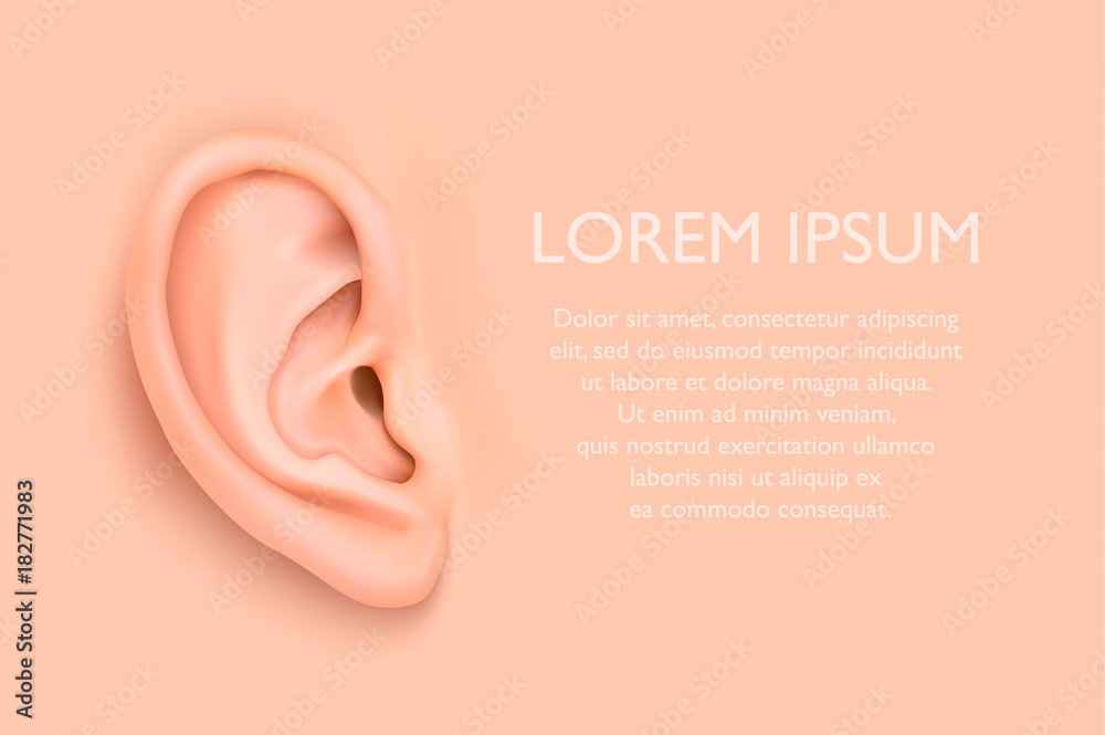 Vector background with realistic human ear closeup. Design template of body part, human organ for web, app, posters, infographics etc - obrazy, fototapety, plakaty 