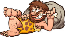 Cartoon Caveman Resting After A Meal. Vector Clip Art Illustration With Simple Gradients. Caveman And Rock On Separate Layers.