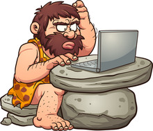Cartoon Caveman Using A Laptop. Vector Clip Art Illustration With Simple Gradients. All In A Single Layer.