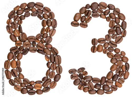 Fotografia Arabic numeral 83, eighty three, from coffee beans, isolated on white background