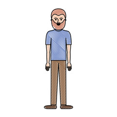 Wall Mural - man full body with t-shirt and pants and shoes with short hair and beard in colored crayon silhouette vector illustration