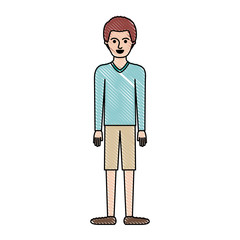 Wall Mural - man full body with sweater and short pants and shoes with short hair in colored crayon silhouette vector illustration