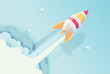 Rocket, globe, cloud, sky, paper art style with pastel color tones.vector illustration