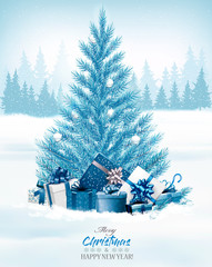 Poster - Christmas holiday background with a blue tree and presents. Vector.