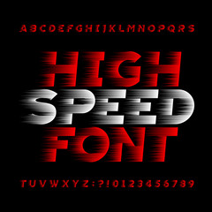 Fototapete - High speed alphabet vector font. Wind effect type letters and numbers on a black background. Stock vector typeface for your headers or any typography design.